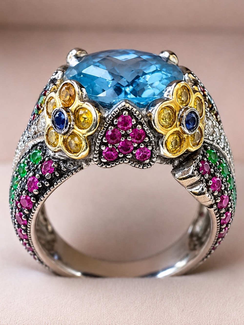 Blue Topaz Floral Multi-Gem Statement Ring